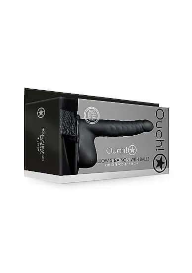 Ouch Ribbed Hollow Strap On 8 inches with Balls Black SHOTS AMERICA Female Sex Toys