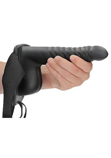Ouch Ribbed Hollow Strap On 8 inches with Balls Black SHOTS AMERICA Female Sex Toys