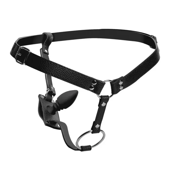 Male Sex Toys Strict Leather BDSM Male Cock Ring Harness with Silicone Anal Plug