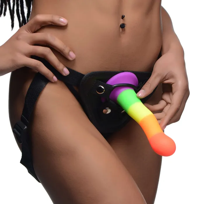Proud Rainbow Silicone Dildo With Harness XR Brands Strap U Female Sex Toys Proud Rainbow Silicone Dildo With Harness XR Brands Strap U Female Sex Toys