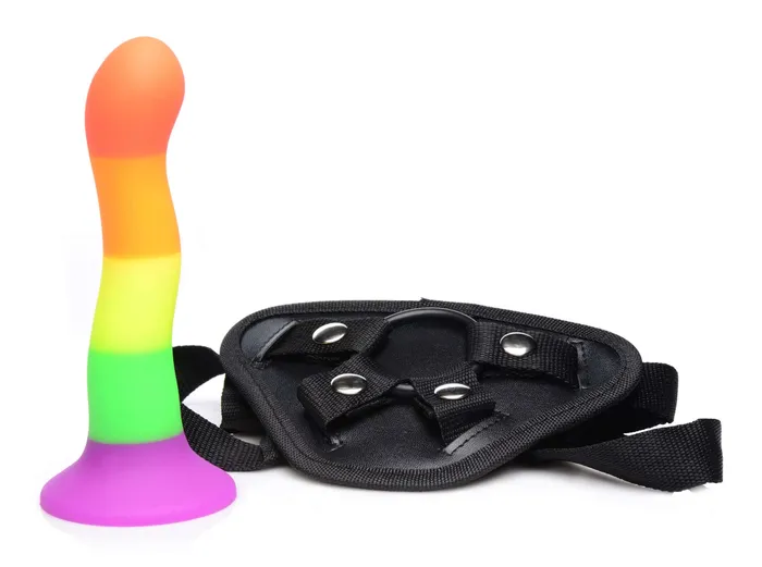 Proud Rainbow Silicone Dildo With Harness XR Brands Strap U Female Sex Toys Proud Rainbow Silicone Dildo With Harness XR Brands Strap U Female Sex Toys