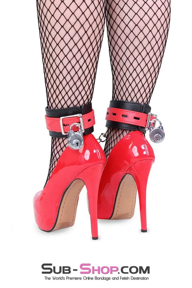 9029MQ Locking Black Ankle Bondage Cuffs with Red Strap Connection Chain LAST CHANCE Final Closeout Idea Restraints