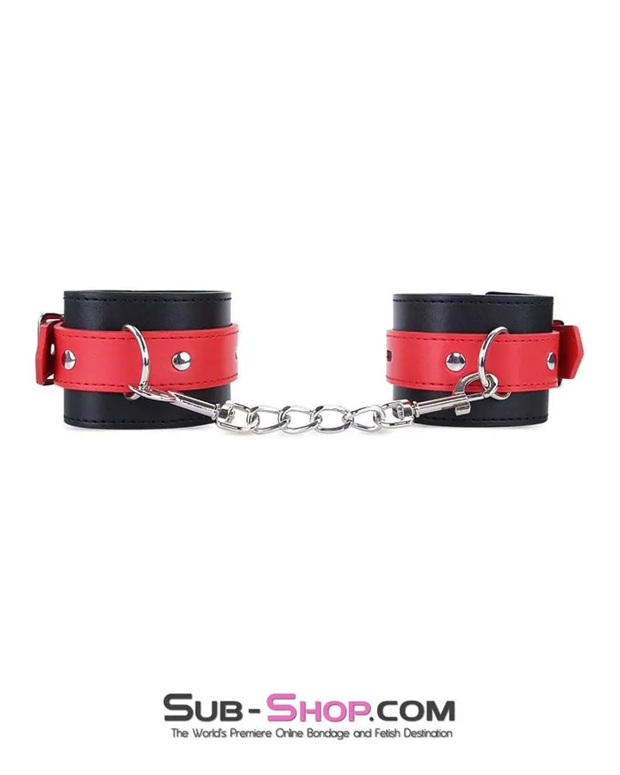 9029MQ Locking Black Ankle Bondage Cuffs with Red Strap Connection Chain LAST CHANCE Final Closeout Idea Restraints