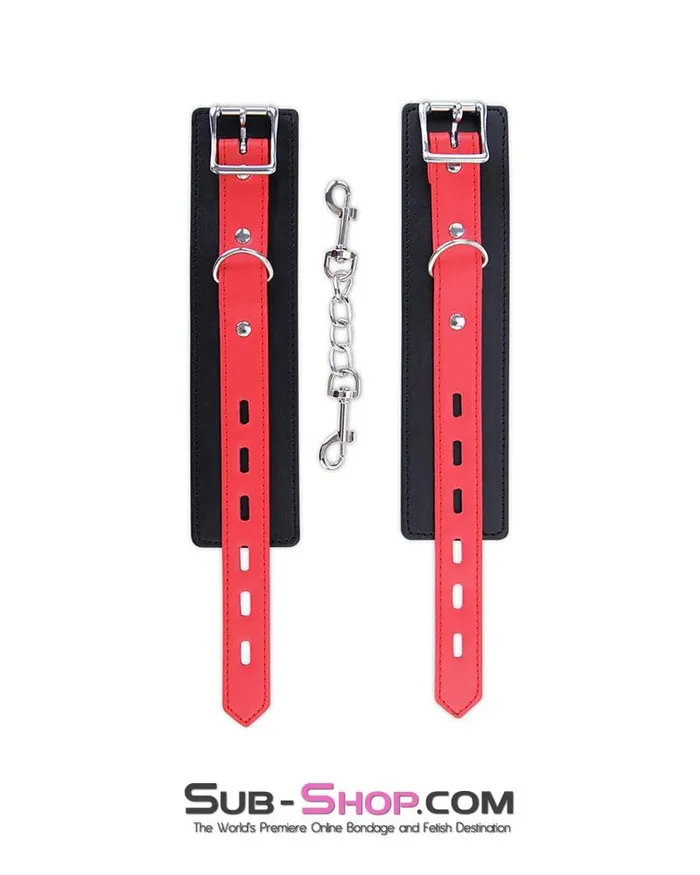 9029MQ Locking Black Ankle Bondage Cuffs with Red Strap Connection Chain LAST CHANCE Final Closeout Idea Restraints