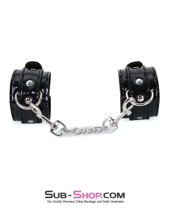 Raysent Restraints 7872RS Shiny Patent Vegan Leather Black Wrist Bondage Cuffs with Chains